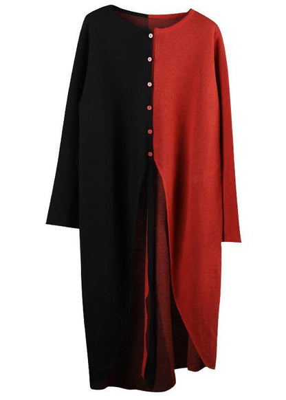Winter Asymmetric Knit Sweat Tops Red Patchwork Black Knitted Outwear