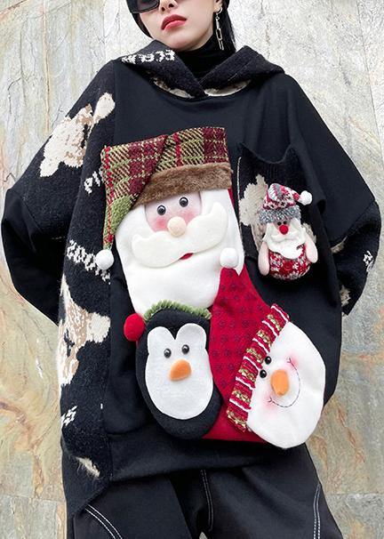 Winter Black Christmas Design Clothes O Neck Knit Sweat Tops
