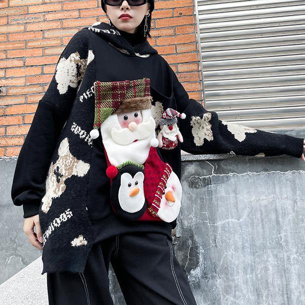 Winter Black Christmas Design Clothes O Neck Knit Sweat Tops