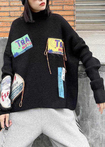 Winter Black Clothes High Neck Patchwork Sweaters