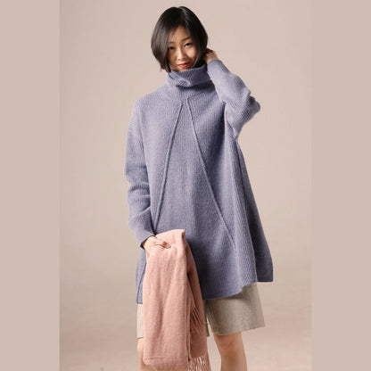 Winter Blue Knitted Outwear Loose Fitting High Neck a Line Knitwear