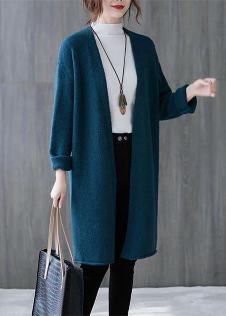 Winter Blue Knitted Outwear Clothing Fall V Neck Knitted Coat