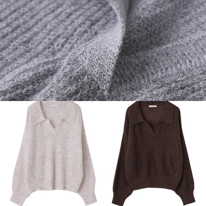 Winter Chocolate Knit Sweat Tops Oversize V Neck Long Sleeve Sweater Tops