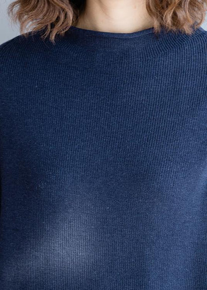 Winter Fall Dark Blue Knitted Blouse Clothing O Neck Batwing Sleeve Top