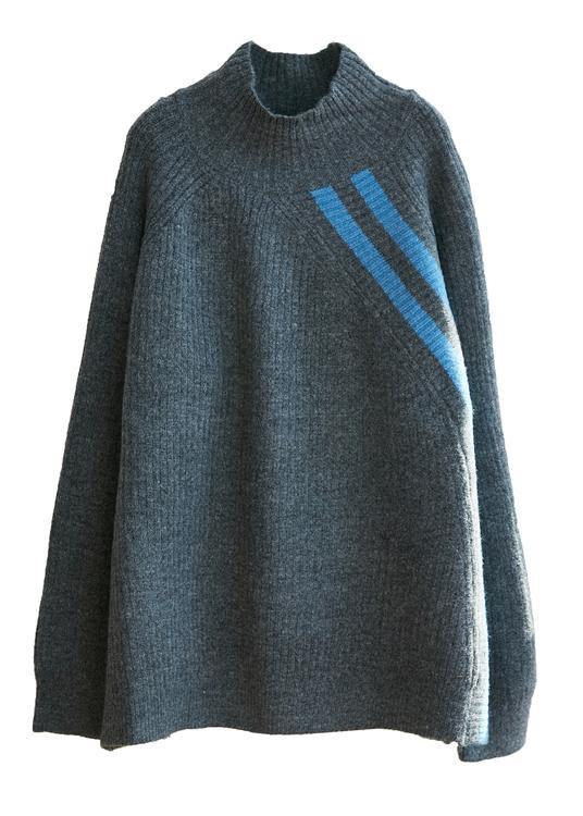 Winter Gray Striped Knit Blouse High Neck Loose Fitting Fall Knitwear
