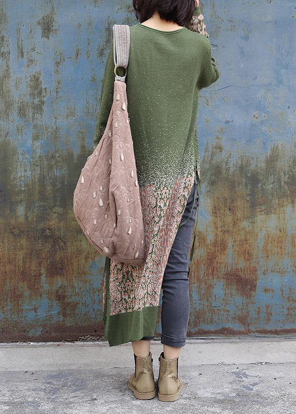 Winter Green Sweater Dresses Side Open Largo O Neck Sweater Dress