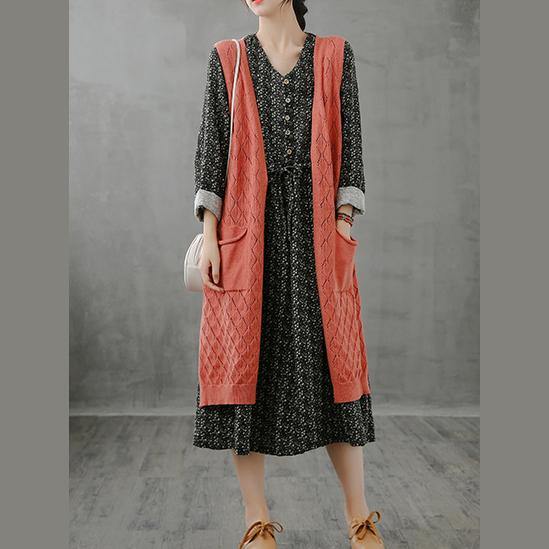 Winter Knitted Coat Orange V Neck Sleeveless Long Coats