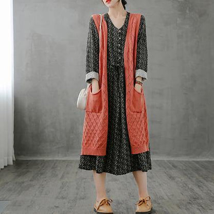 Winter Knitted Coat Orange V Neck Sleeveless Long Coats