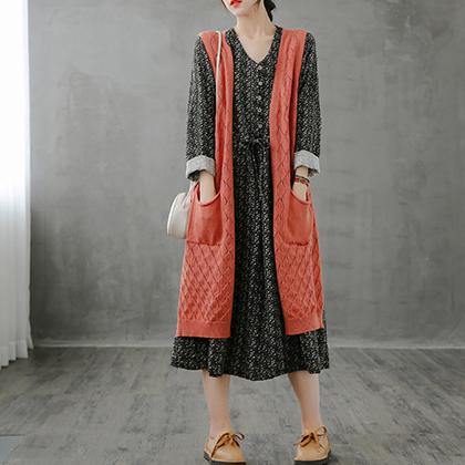 Winter Knitted Coat Orange V Neck Sleeveless Long Coats