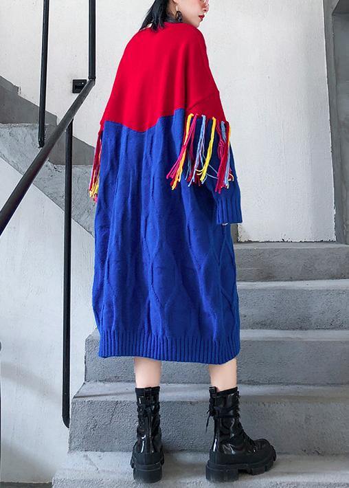 Winter O Neck Tassel Sweater Weather Blue Patchwork Red Mujer Knitwear