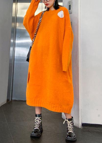 Winter Orange Sweater Knit Dress Street Style O Neck Hole Largo Sweater Dress