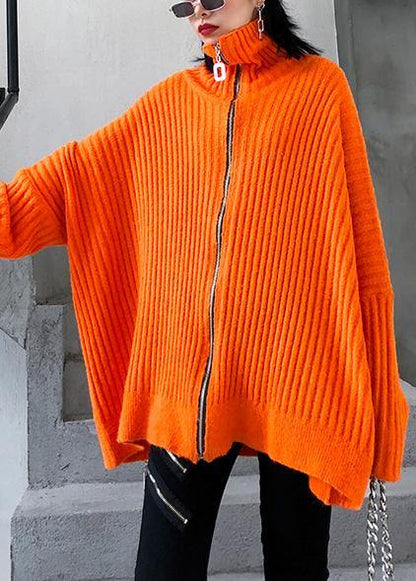 Winter Orange Knit Tops High Neck Zippered Knit Blouse