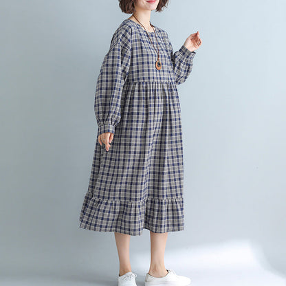 Apparel Loose Plaid Dress Cotton Linen Dresses