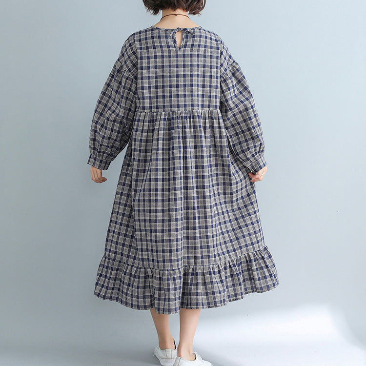 Apparel Loose Plaid Dress Cotton Linen Dresses