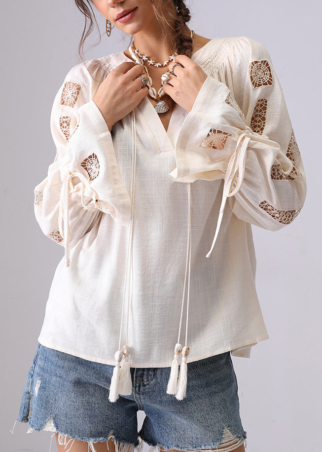 Apricot Hollow Out Lace Up Shirt Flare Sleeve