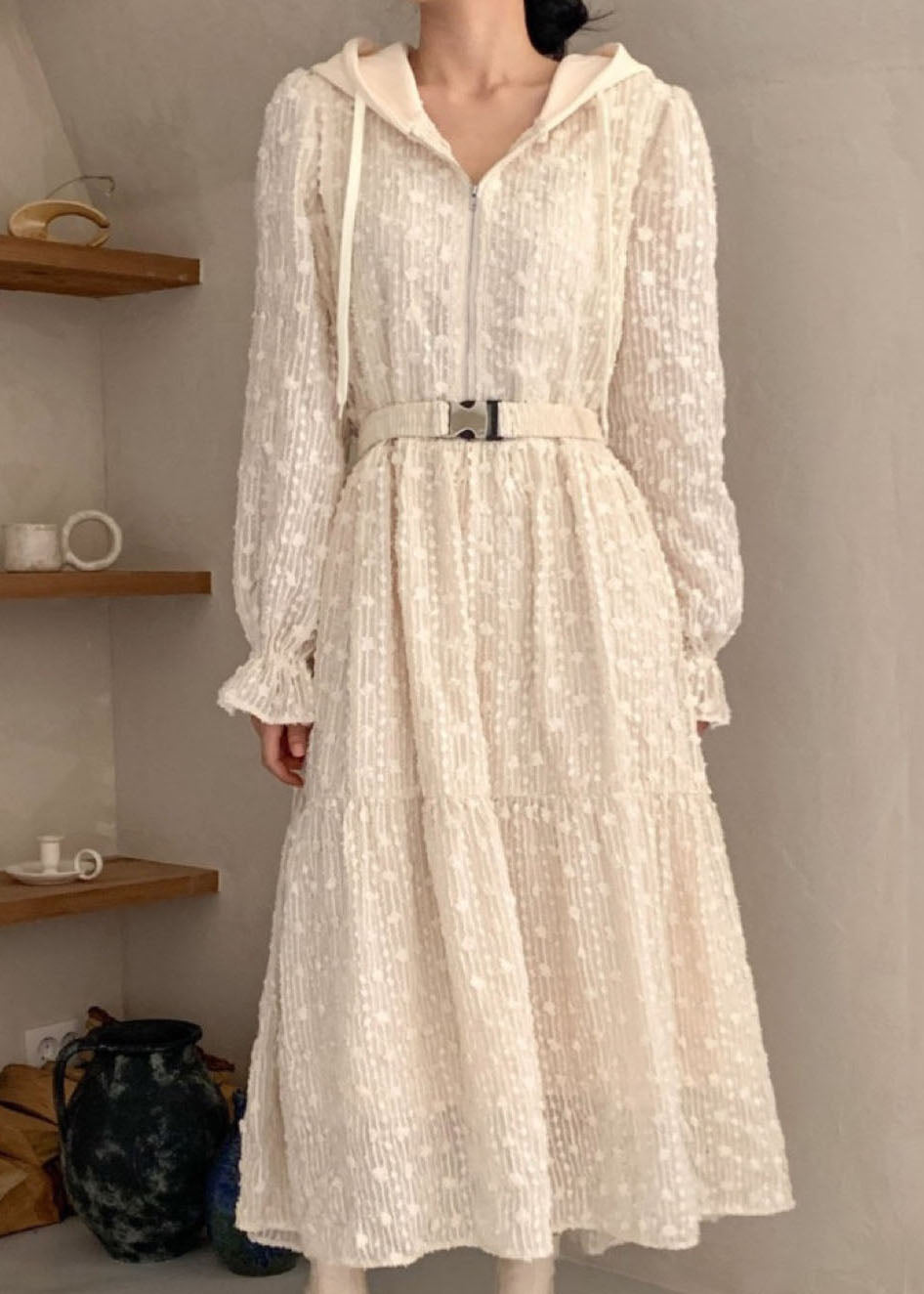 Apricot Hooded Zippered Patchwork Lace Dress Spring