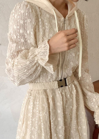 Apricot Hooded Zippered Patchwork Lace Dress Spring