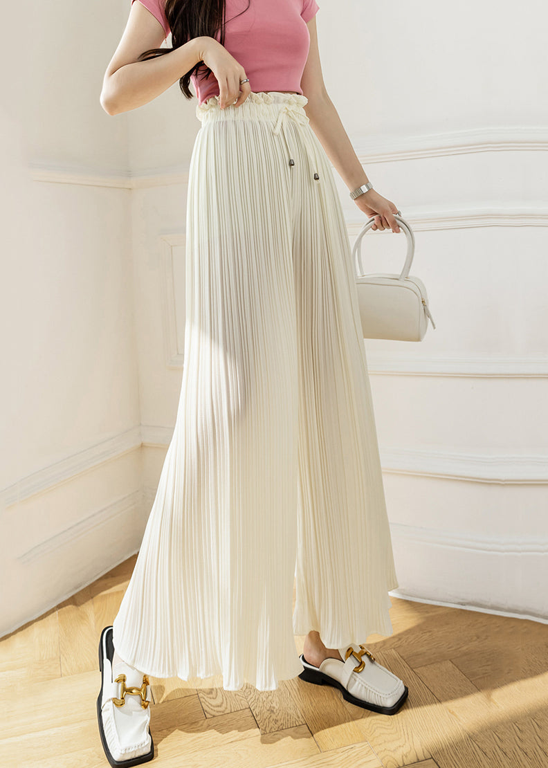 Apricot Lace Up Wrinkled Elastic Waist Chiffon Crop Pants