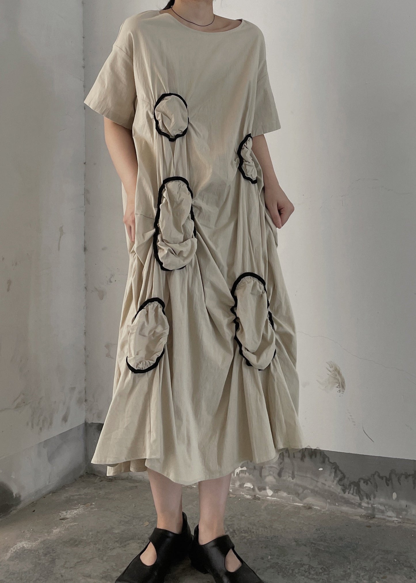 Apricot O Neck Wrinkled Patchwork Cotton Long Dresses Summer
