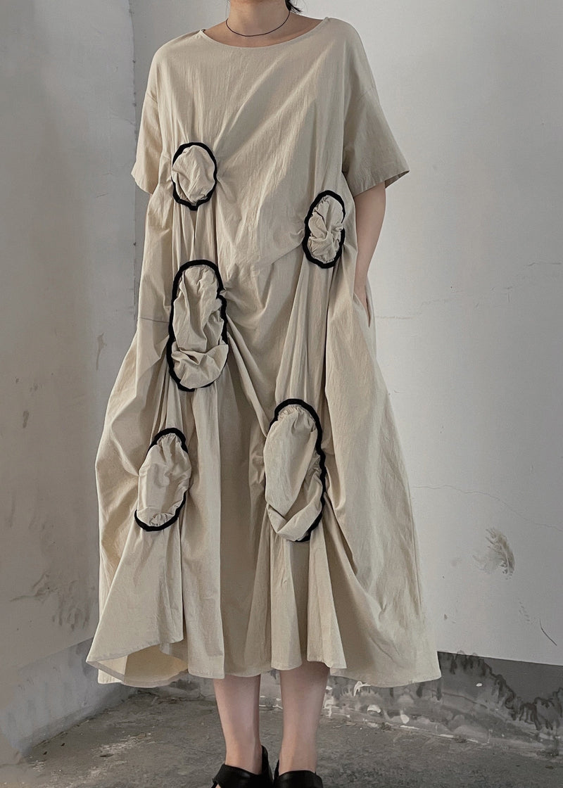 Apricot O Neck Wrinkled Patchwork Cotton Long Dresses Summer