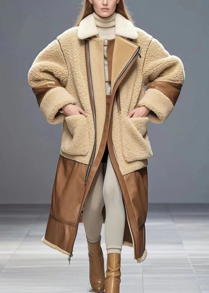 Apricot Oversized Patchwork Fuzzy Fur Coats Winter