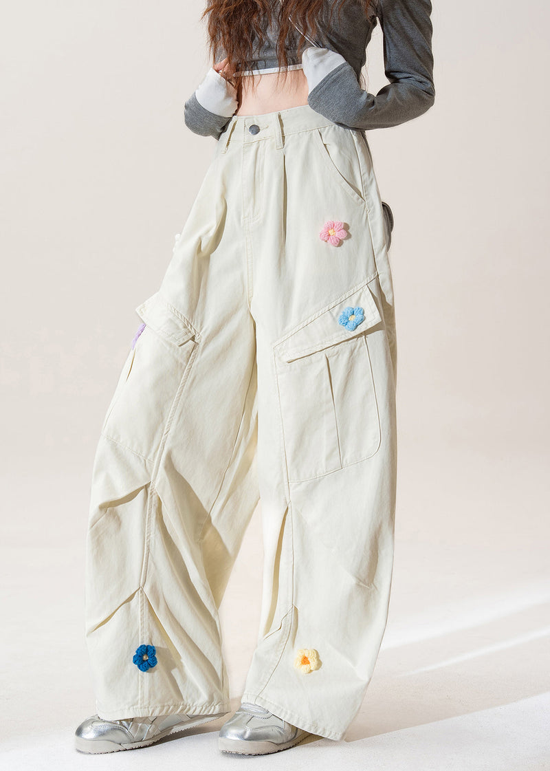 Apricot Pockets Wrinkled Denim Pants Spring
