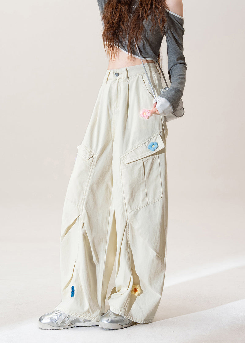 Apricot Pockets Wrinkled Denim Pants Spring