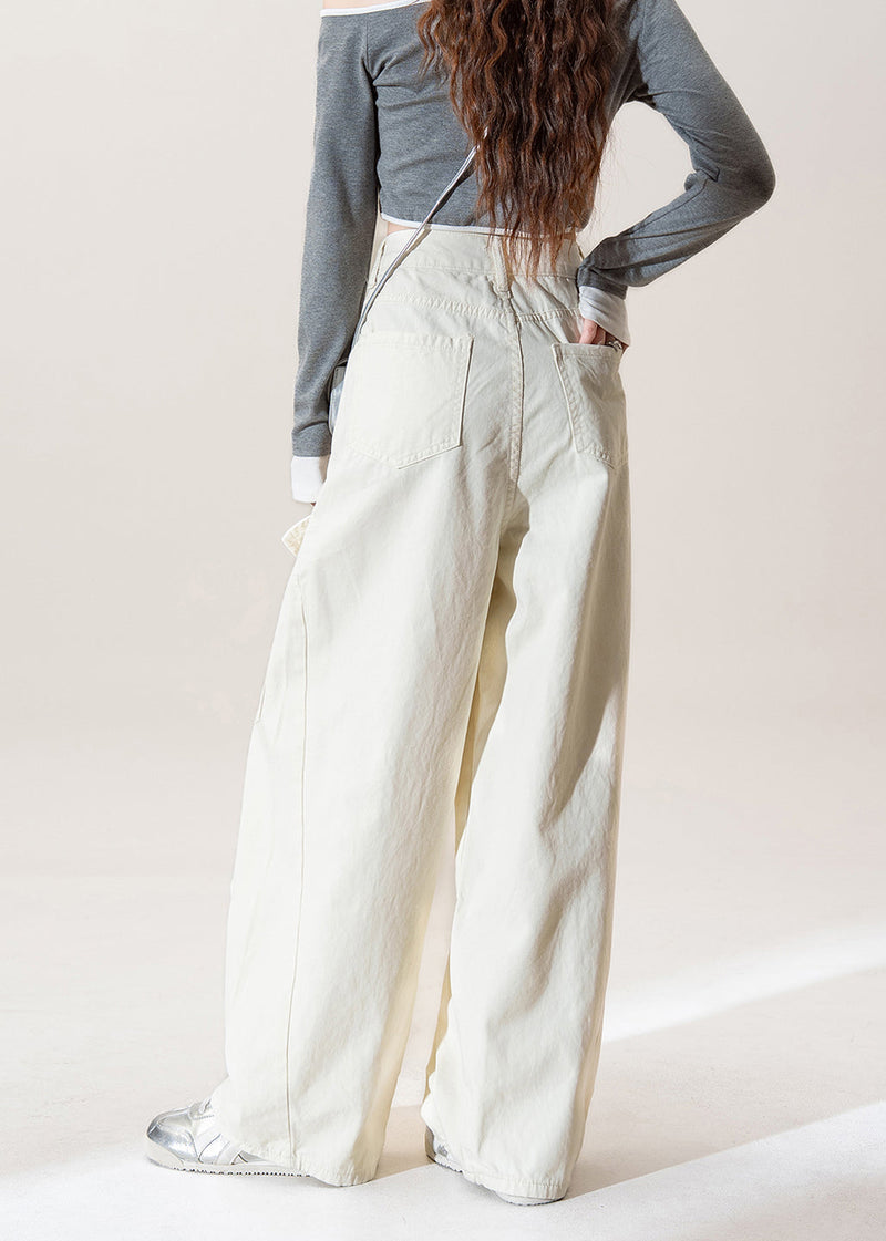 Apricot Pockets Wrinkled Denim Pants Spring