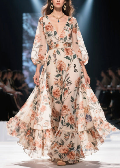 Apricot Print Chiffon Long Dress Exra Large Hem Summer