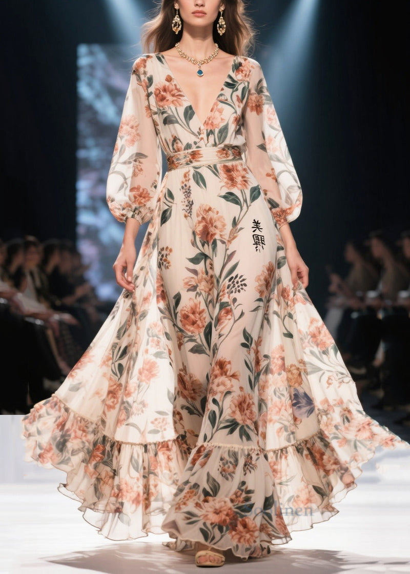 Apricot Print Chiffon Long Dress Exra Large Hem Summer