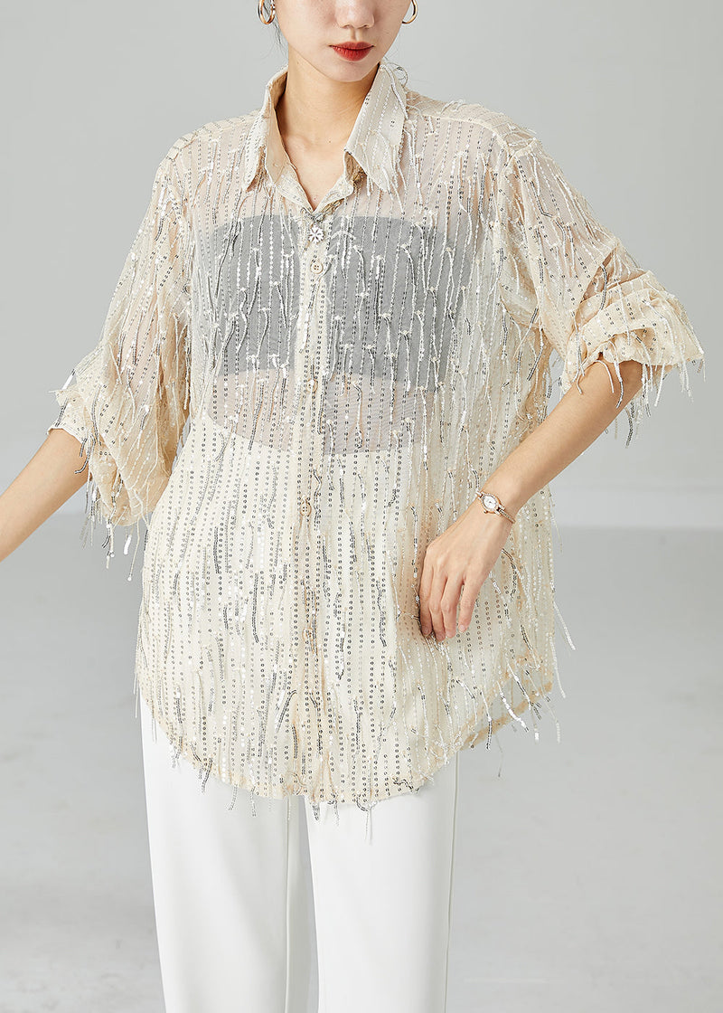Apricot Sequins Tassel Tulle Upf 50+ Shirt Top Summer