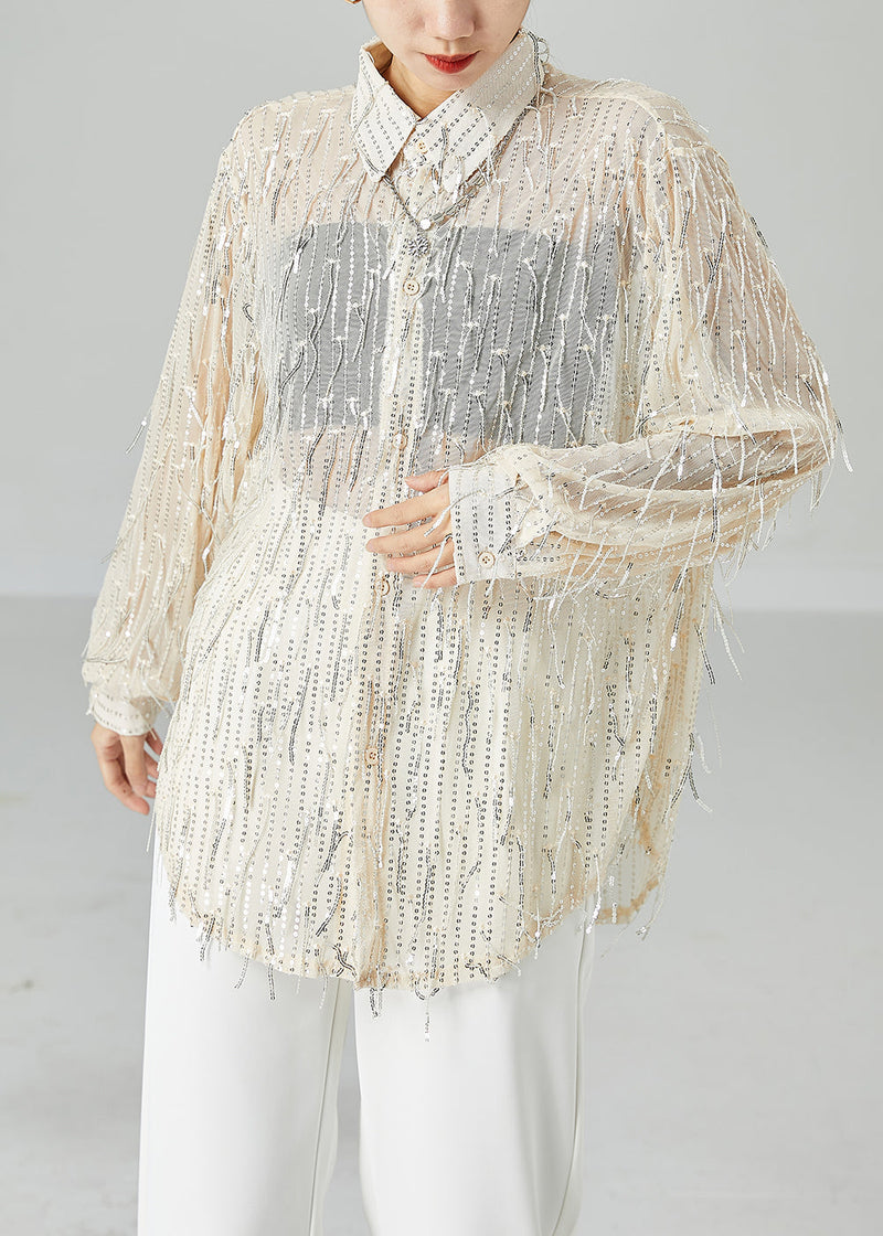 Apricot Sequins Tassel Tulle Upf 50+ Shirt Top Summer
