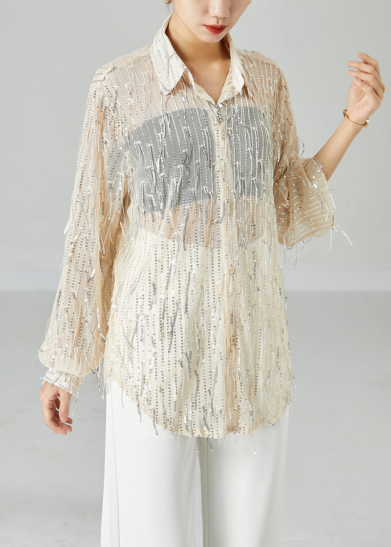 Apricot Sequins Tassel Tulle Upf 50+ Shirt Top Summer