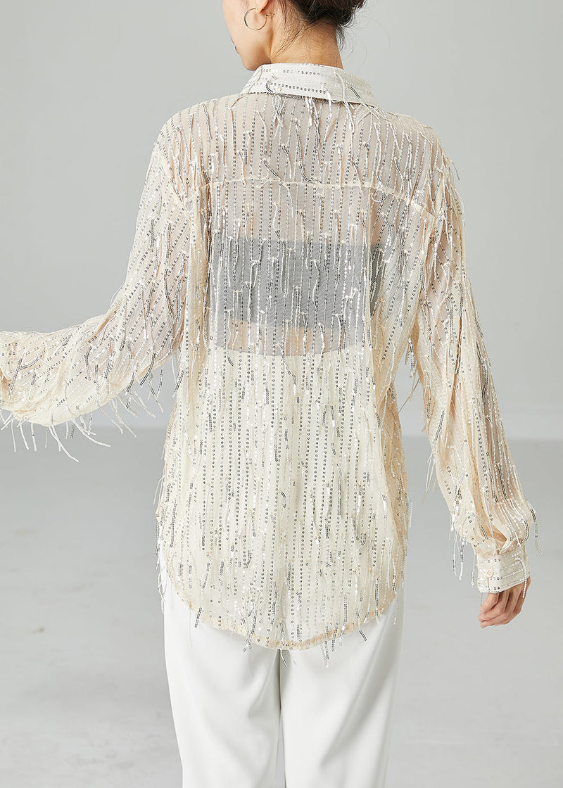 Apricot Sequins Tassel Tulle Upf 50+ Shirt Top Summer