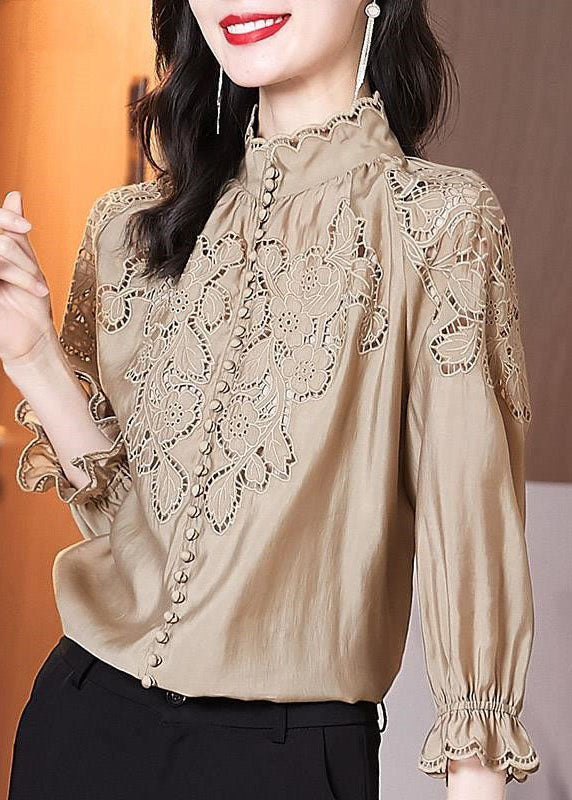 Apricot Stand Collar Embroideried Patchwork Cotton Top Spring