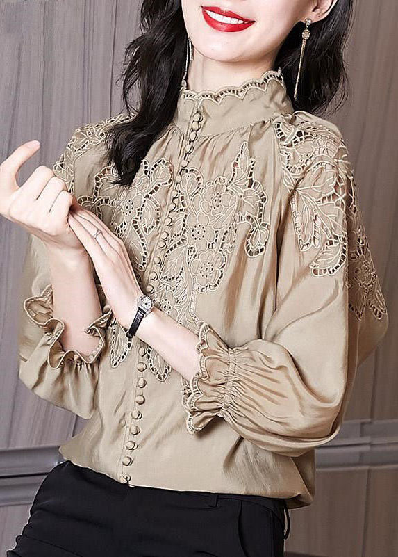 Apricot Stand Collar Embroideried Patchwork Cotton Top Spring