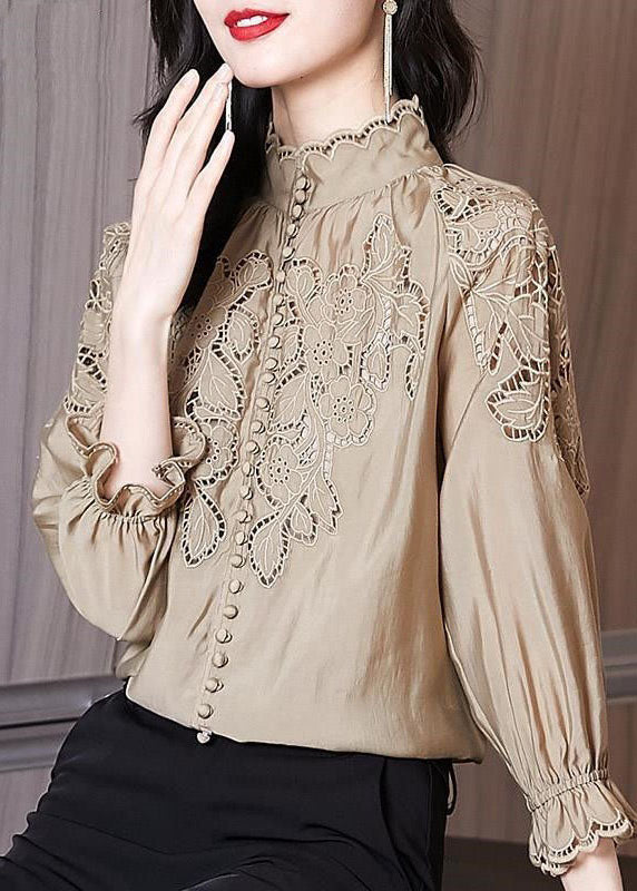 Apricot Stand Collar Embroideried Patchwork Cotton Top Spring