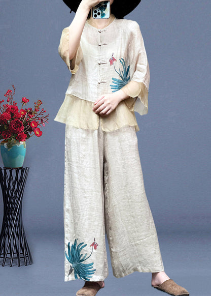 Apricot Stand Collar Tulle Patchwork Linen Shirts and Wide Leg Pants Two Pieces Set Long Sleeve