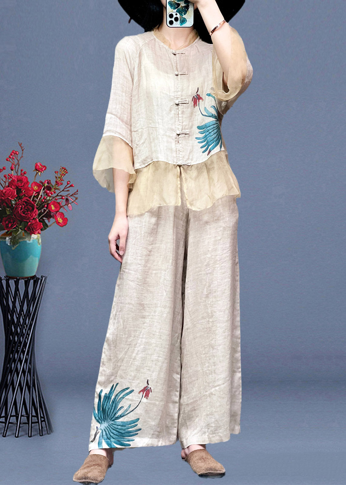 Apricot Stand Collar Tulle Patchwork Linen Shirts and Wide Leg Pants Two Pieces Set Long Sleeve