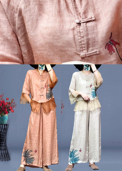 Apricot Stand Collar Tulle Patchwork Linen Shirts and Wide Leg Pants Two Pieces Set Long Sleeve