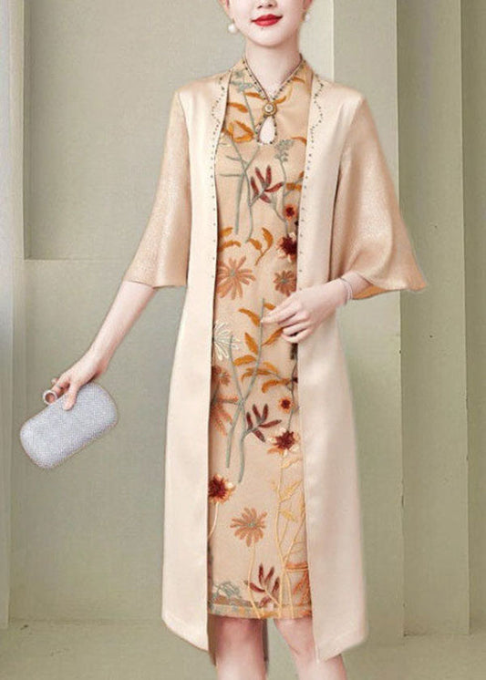 Apricot Stand Collar Zircon Silk Bodycon Dress Butterfly Sleeve