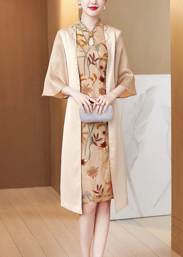 Apricot Stand Collar Zircon Silk Bodycon Dress Butterfly Sleeve