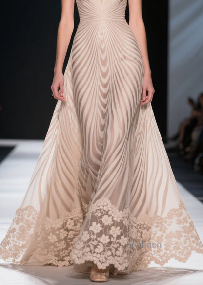 Apricot Striped Patchwork Lace Silm Fit Evening Dress Summer