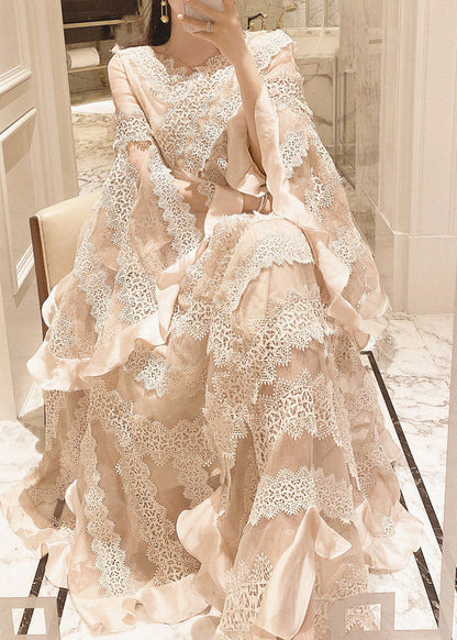 Apricot V Neck Patchwork Lace Maxi Dresses Long Sleeve