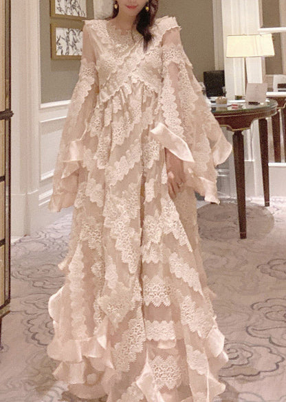 Apricot V Neck Patchwork Lace Maxi Dresses Long Sleeve