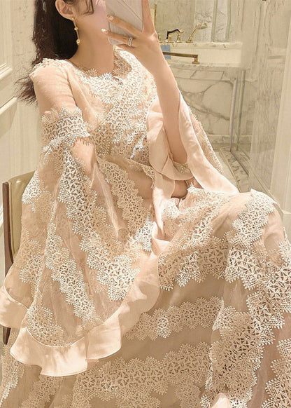 Apricot V Neck Patchwork Lace Maxi Dresses Long Sleeve