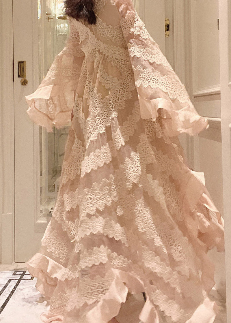 Apricot V Neck Patchwork Lace Maxi Dresses Long Sleeve