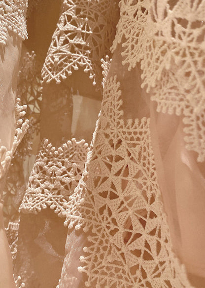 Apricot V Neck Patchwork Lace Maxi Dresses Long Sleeve