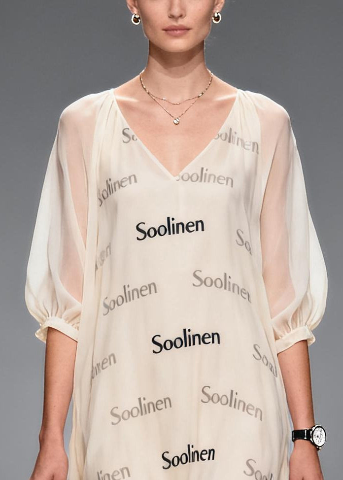 Apricot V Neck Print Chiffon Maxi Dress Summer