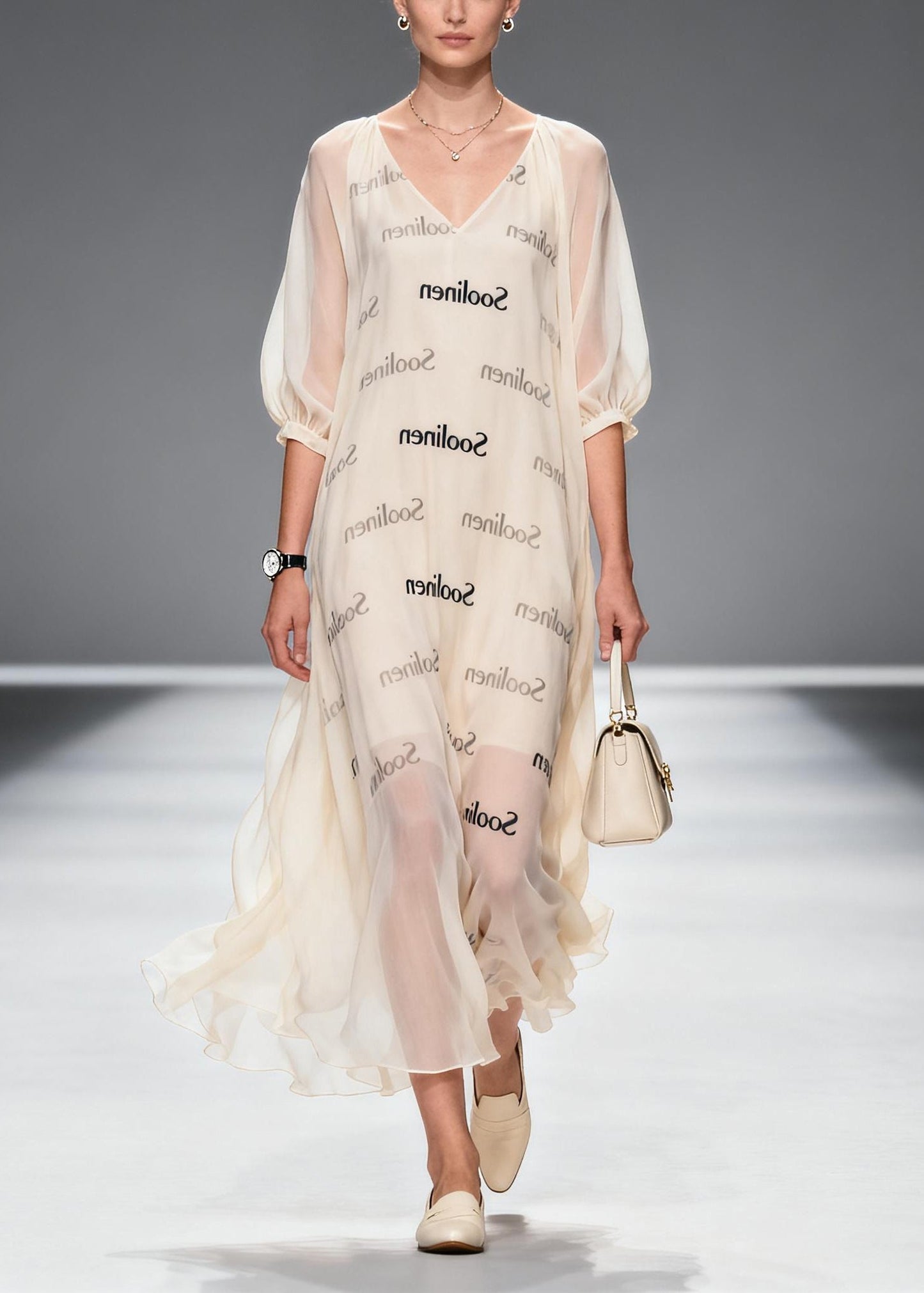 Apricot V Neck Print Chiffon Maxi Dress Summer